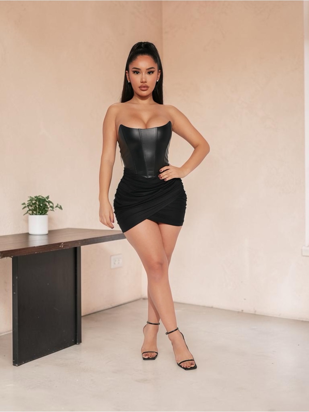 Fashion Nova Black Strapless Faux-Leather Corset Mini Dress